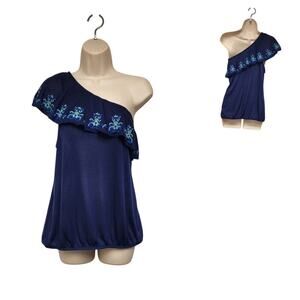 Red Camel One Shoulder Navy Blue Floral Ruffle Sleeveless Blouse Top Size XL